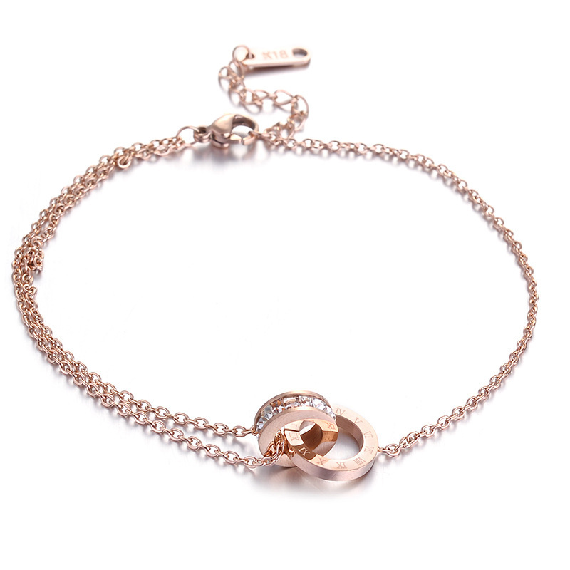 Wenjian estilo coreano titanio acero oro rosa romano diamante digital con incrustaciones de circón doble anillo tobillo moda femenina verano pie joyería