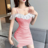 Ruffle Edge Off Shoulder Spliced Tight Wrapped Hip Strap Dress