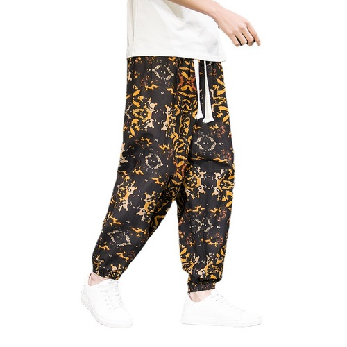Kung fu yoga pants for men youth Chinese style cotton and linen casual pants breathable harem pants men's linen floral bloomers big crotch baggy pants