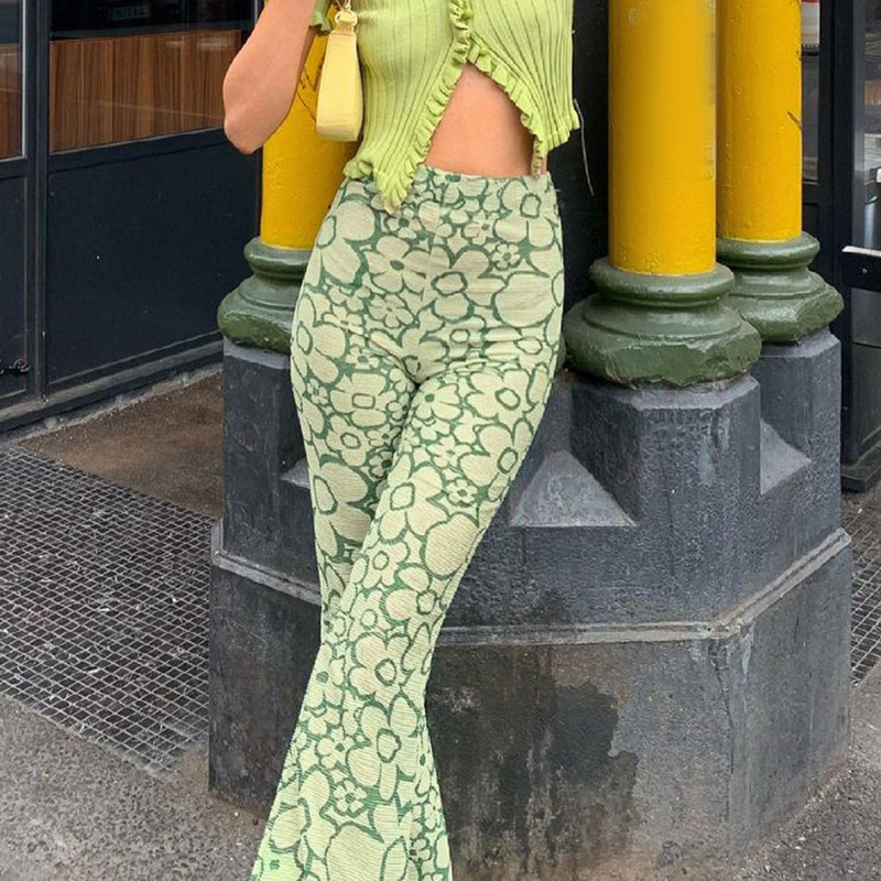 green flower pattern contrast printing straight-leg pants Nihaostyles wholesale clothing vendor NSSSN75383