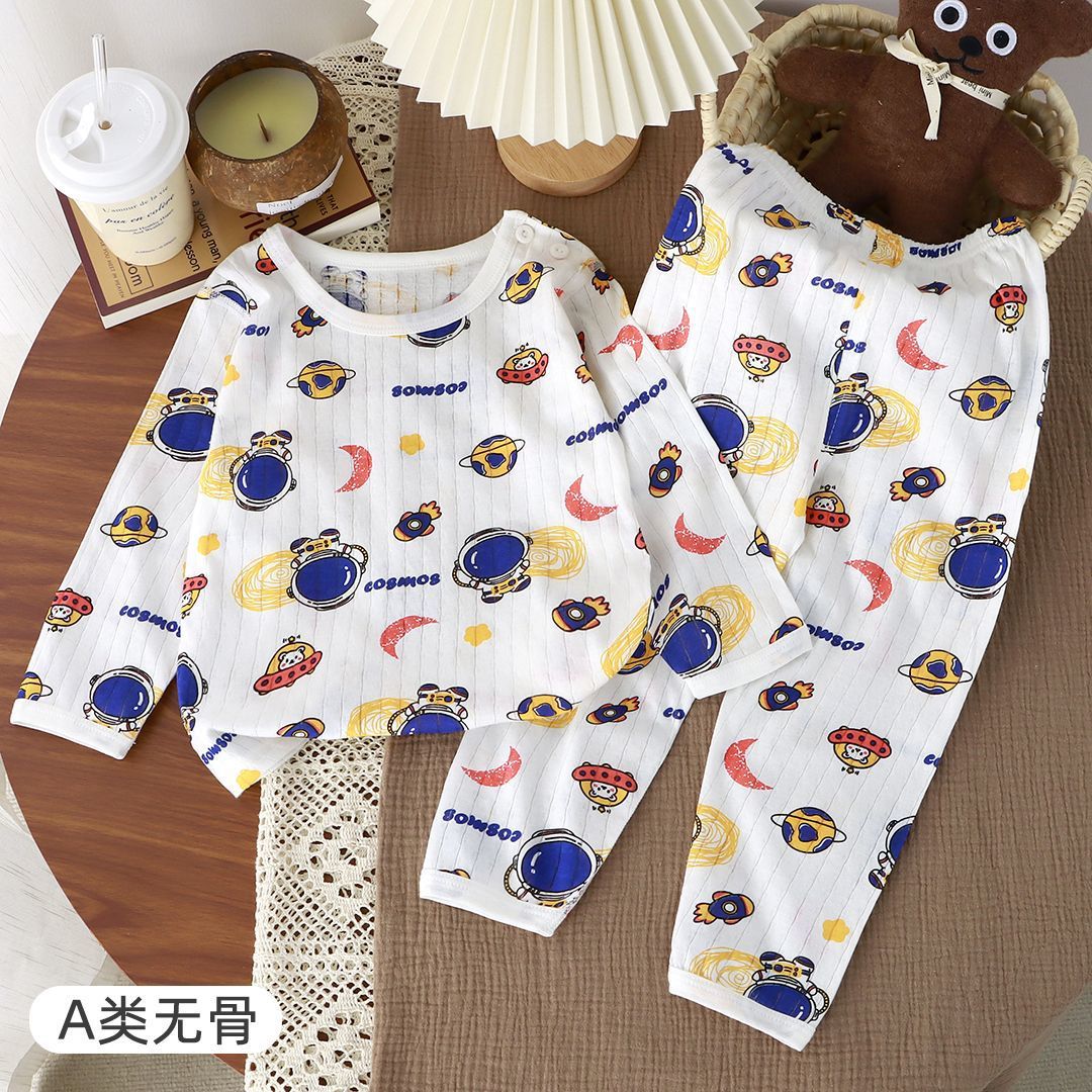 Baby Summer Cotton Thin Boneless Air-conditioning Clothes suit Children's Lightweight Breathable Cotton Long-sleeved Home Clothes Pajamas