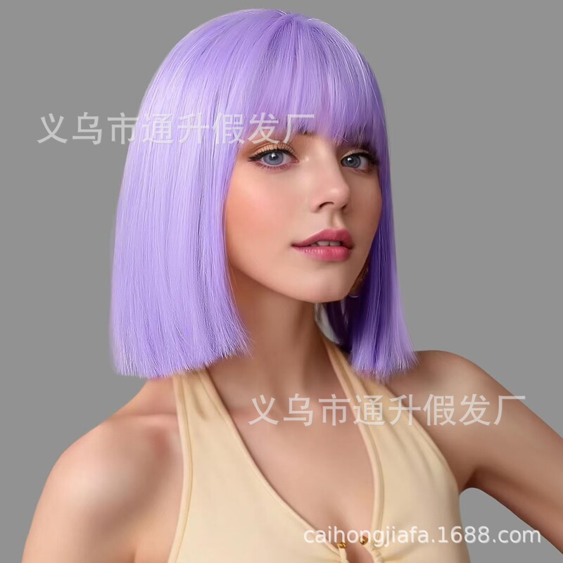 欧美外贸出口假发女齐肩bobo头化纤机制齐刘海短发全头套一件代发|undefined