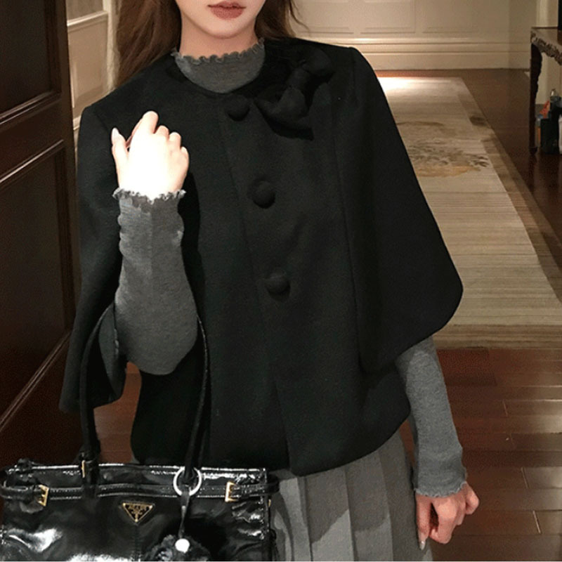 直井怜酱 日系古早单面呢斗篷外套秋冬圆领开衫上衣 2025秋季新款