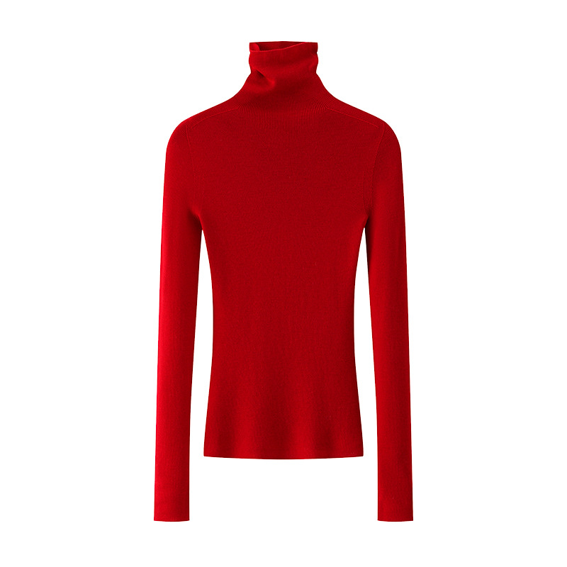 トップスは新年の赤色、シームレスな一体型揚子紡績100%ウールニット、女性用スリムフィットハイネックセーター