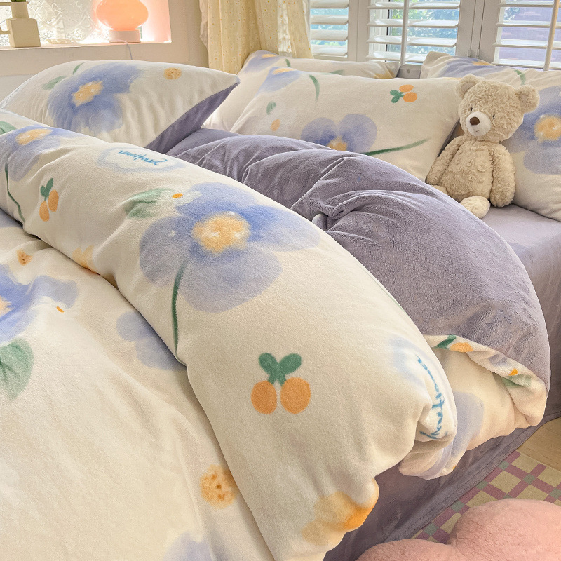 Nuevo traje de terciopelo de leche de cuatro piezas de terciopelo de coral grueso otoño e invierno sábana funda edredón sábana ropa de cama