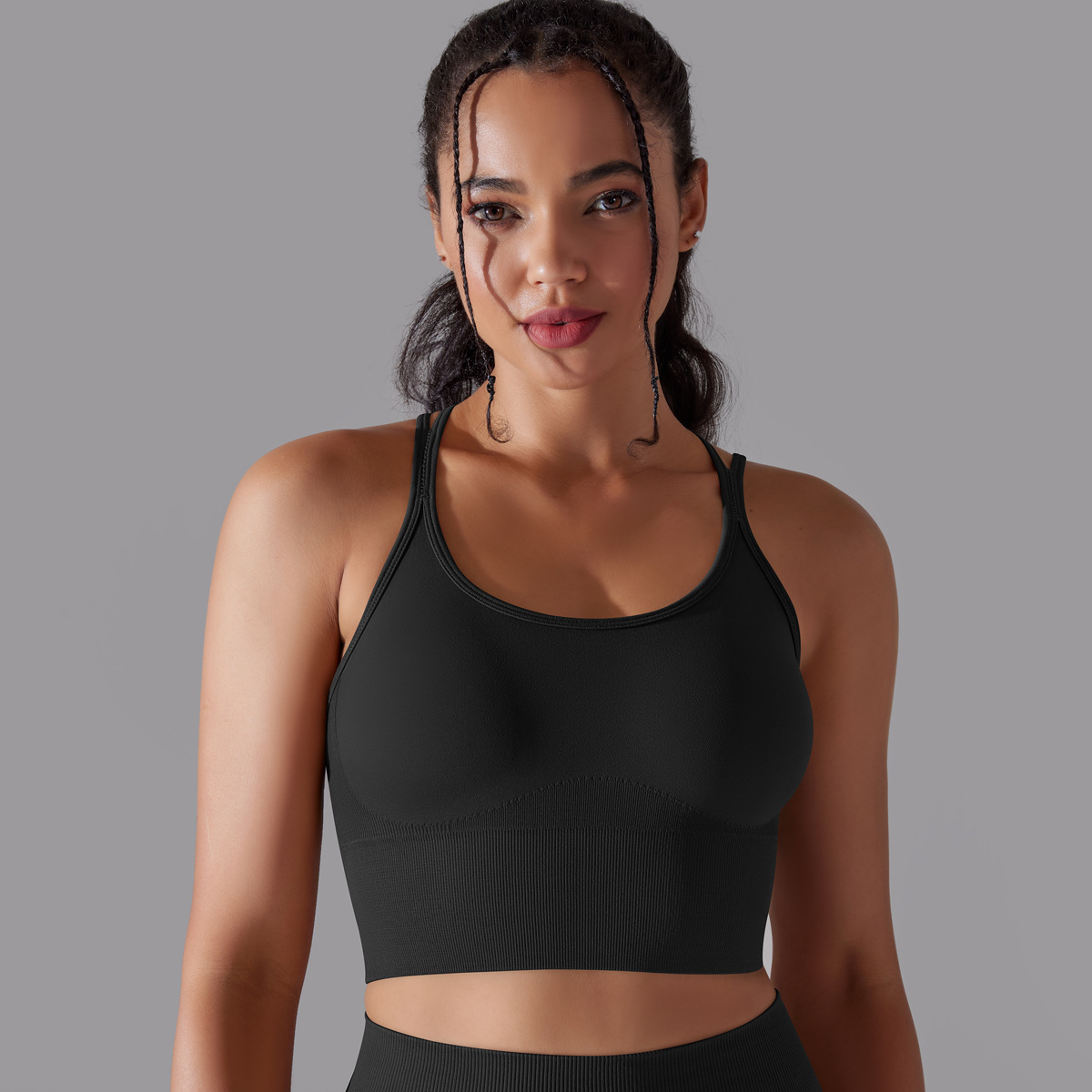 Seamless Solid Color Cross Back Sports Bra Vest Yoga Running Fitness Three-Piece Set_voghion.com