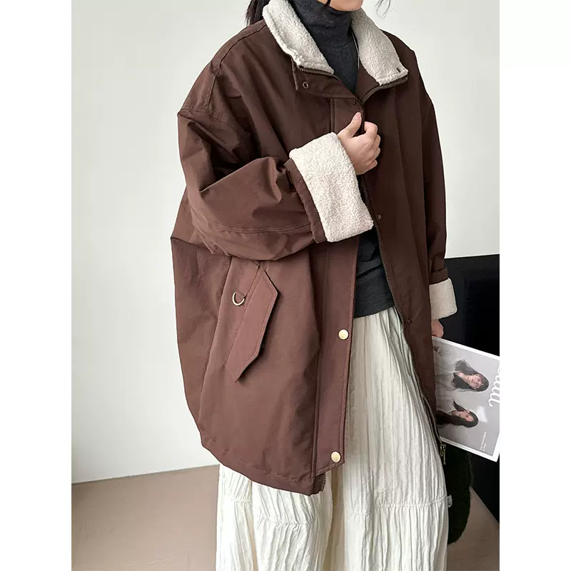 那末韩系宽松慵懒风工装羊羔毛领派克服棉衣女保暖加厚棉服Q7608