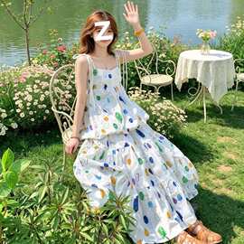 原版做法 穿搭彩色波点吊带连衣裙子夏季绝美花苞半身裙两件套女
