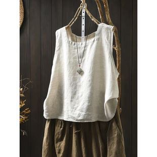 Chinese Zen Retro Literary Cotton and Linen Vest Loose Slimming Look Summer New Casual Baota Pullover Sleeveless T-Shirt