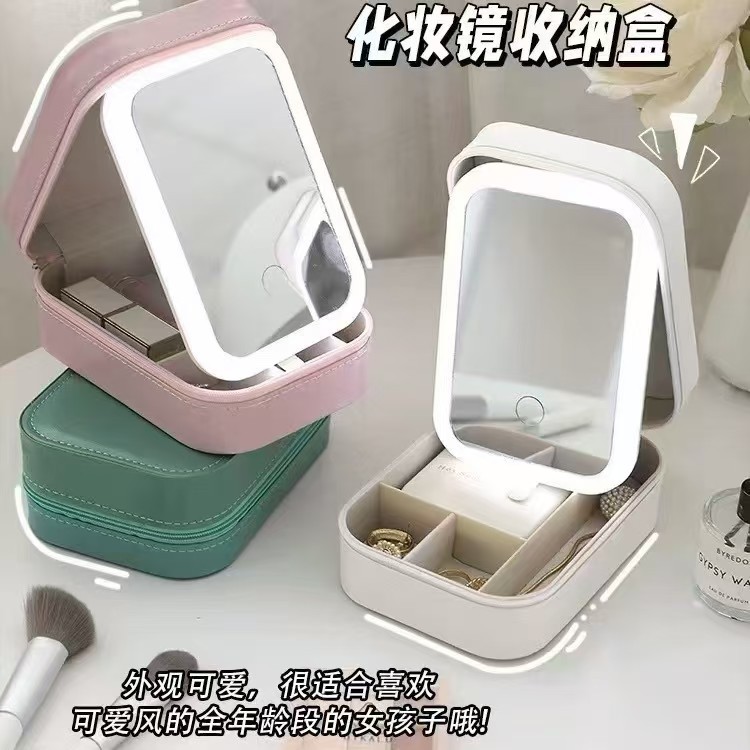 Cross-Border New Product Makeup Bag with Large Capacity, Led Mirror Light, Three-Color Changing Light, Makeup Storage Bag, High-End Makeup Box