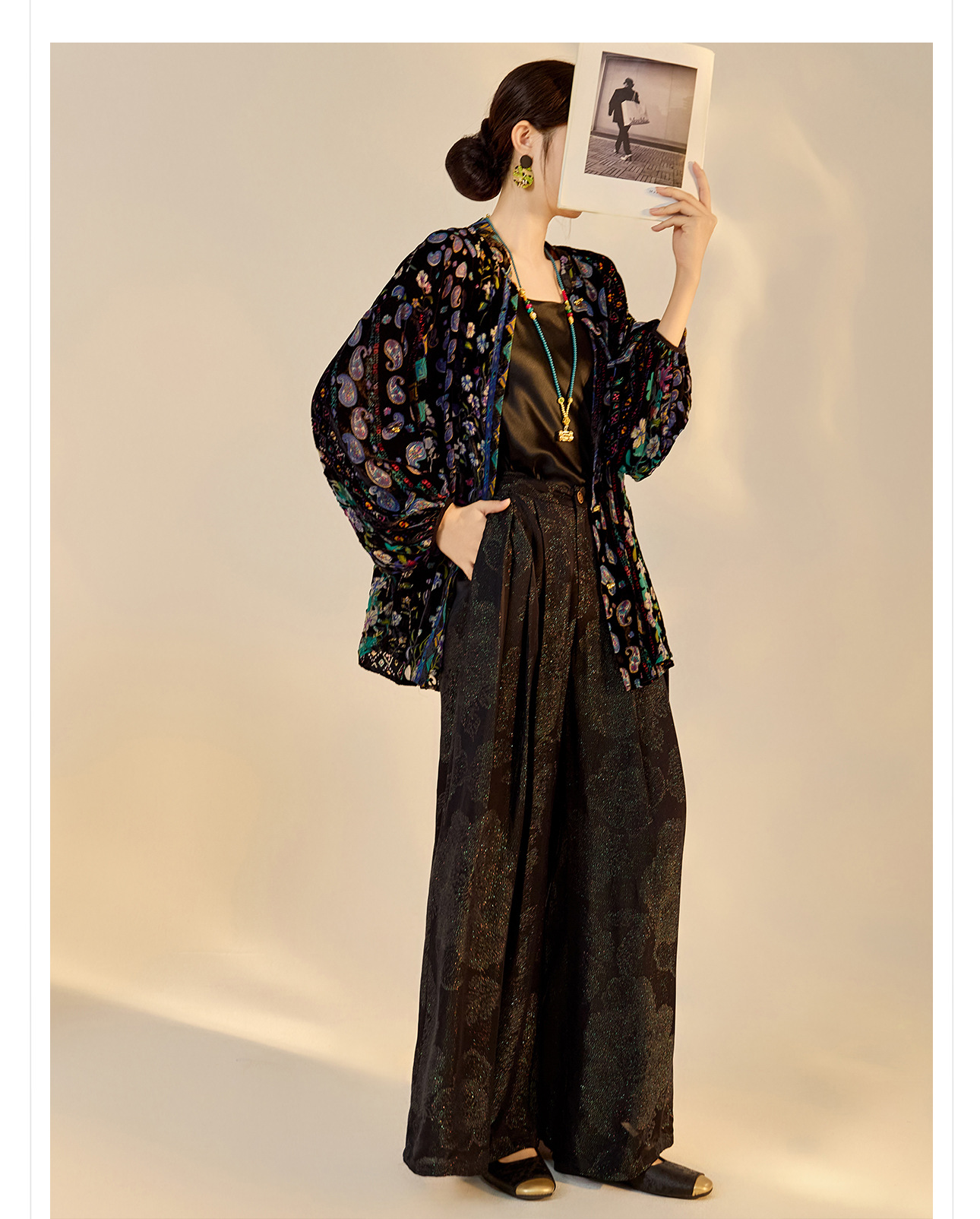 Quần ống rộng nữ phong cách Trung Hoa mới, chất rayon dệt vàng satin rủ — đen, Màu trắng nhạt, màu vàng chi tiết 23