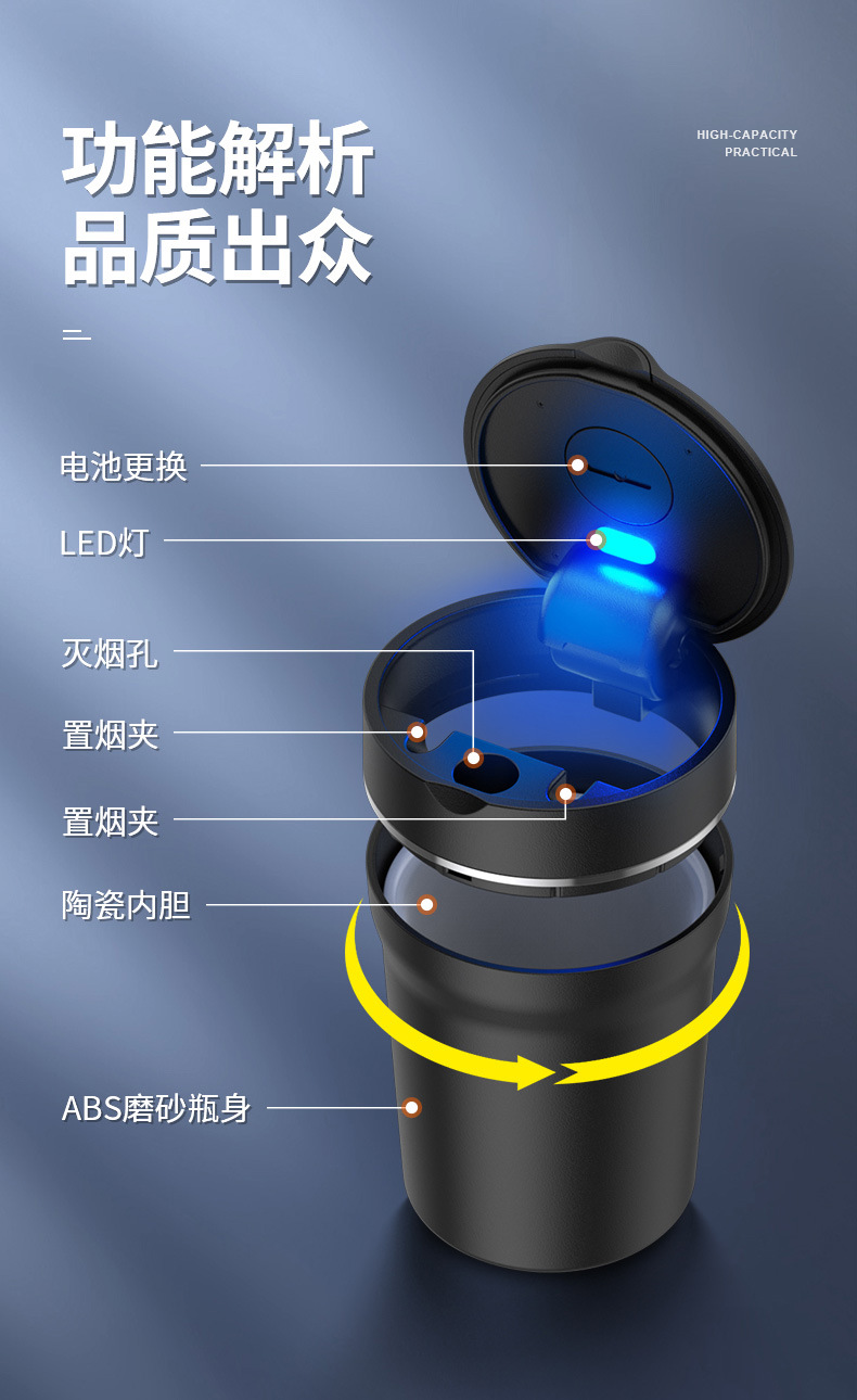 Car Ashtray Ceramic Liner Fashion Creative Car Ashtray High Flame Retardant Car Ashtray LED Light