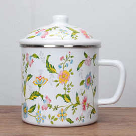 加厚大容量青花瓷搪瓷水杯带盖茶缸茶杯杯口杯