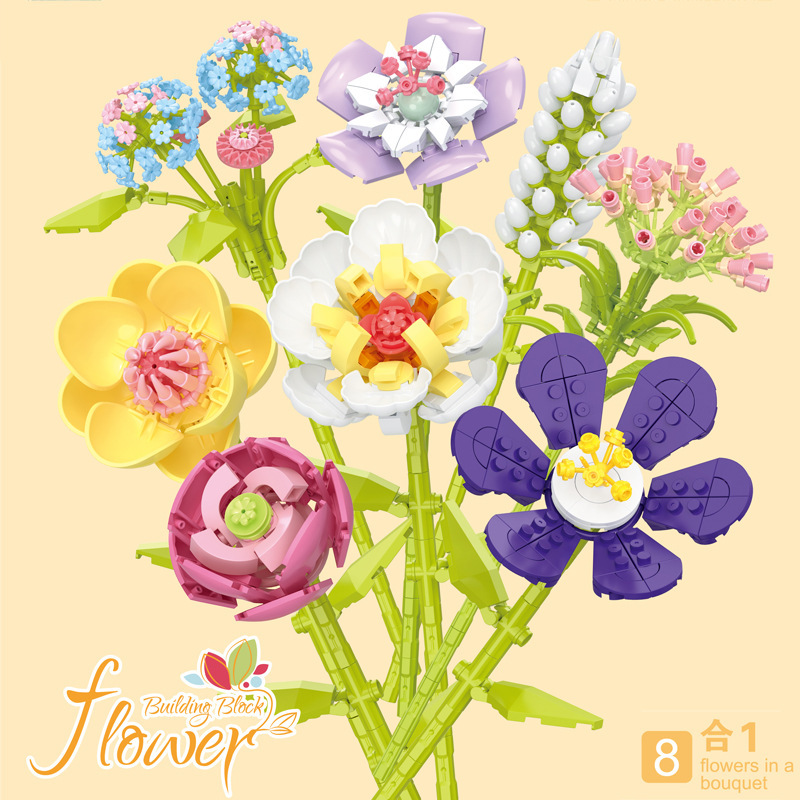 跨境儿童小颗粒拼插积木花仿真玫瑰花芍药花蕨草月季积木模型玩具