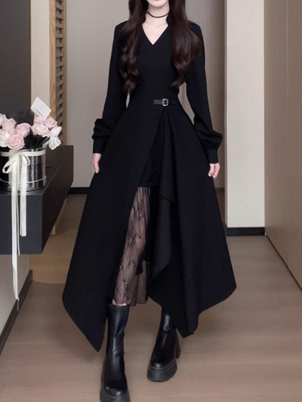 早秋流行长袖衬衫裙蕾丝拼接不规则长裙假两件连衣裙女|undefined