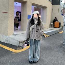 新款立领牛角扣中长款仿皮草羊羔毛毛外套女皮毛一体上衣冬季保暖