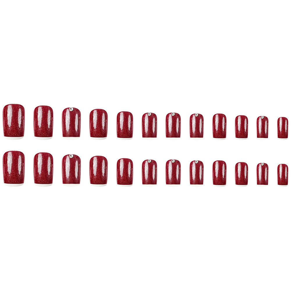 24 piezas de color de fondo rojo vino, uñas de moda, adornos de un solo diamante, uñas francesas, uñas de venta caliente transfronterizas