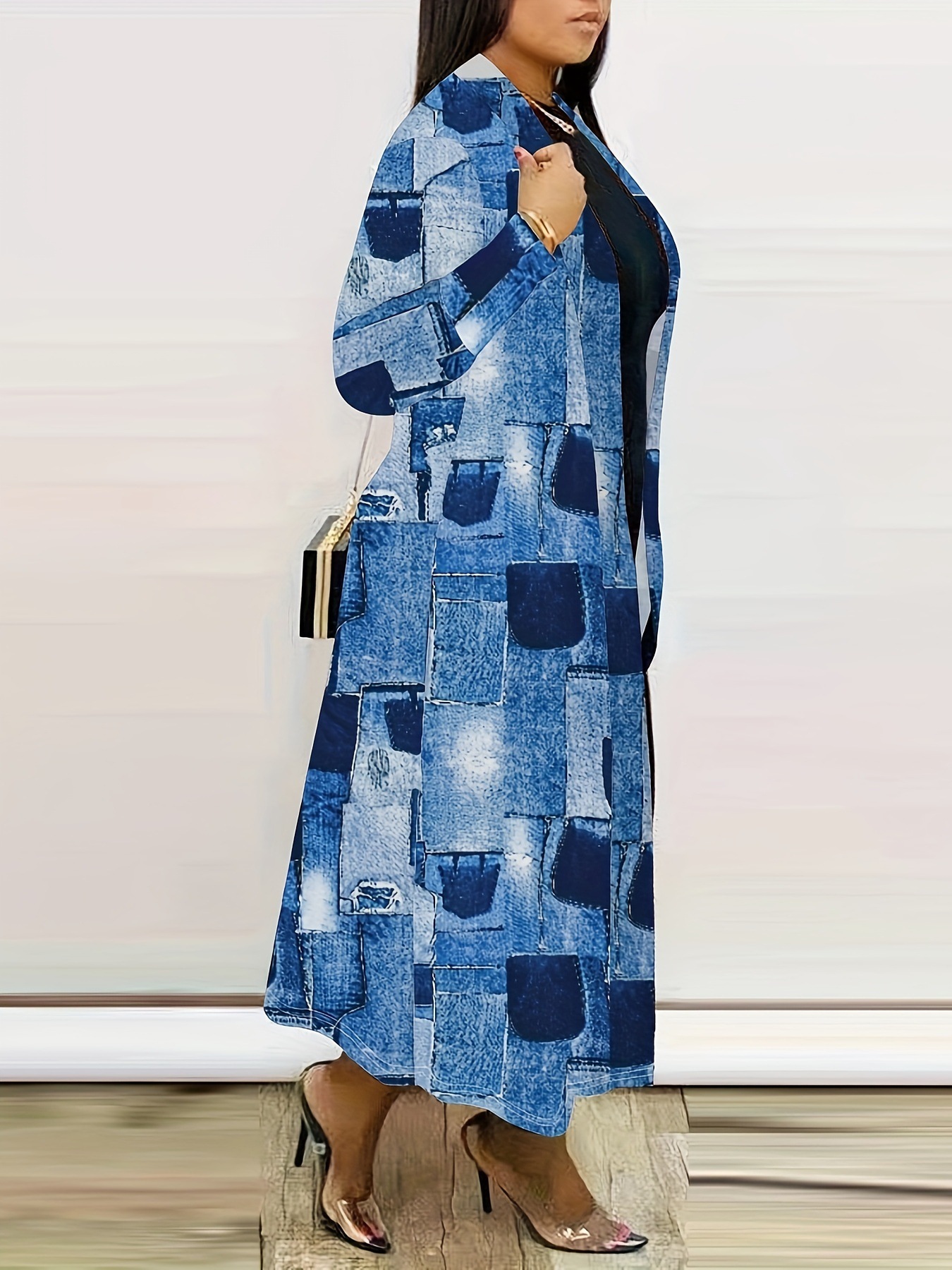 Giacca a vento lunga con stampa denim da donna taglie forti_voghion.com