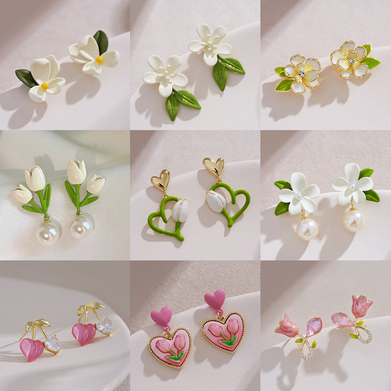 design pink flower sterling silver needle stud earrings enamel glaze tulip earrings fairy exquisite female earrings