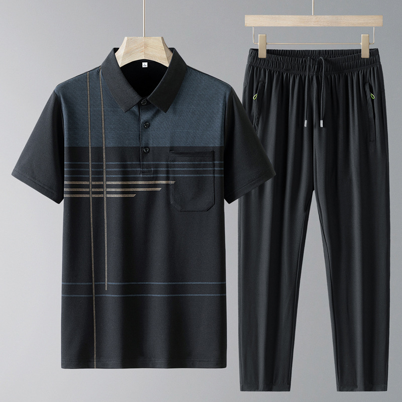 Papá, ropa de verano de hielo, traje deportivo de hombre, pantalones largos de manga corta de verano, ropa deportiva casual de hombre, dos piezas de mediana edad.