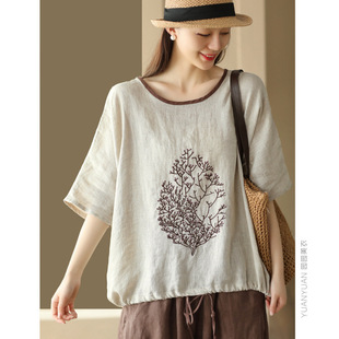 In Stock New Retro Embroidered Hemp Top Women's Drawstring Hem Pullover Color-Blocked Round Neck Loose Shirt Summer