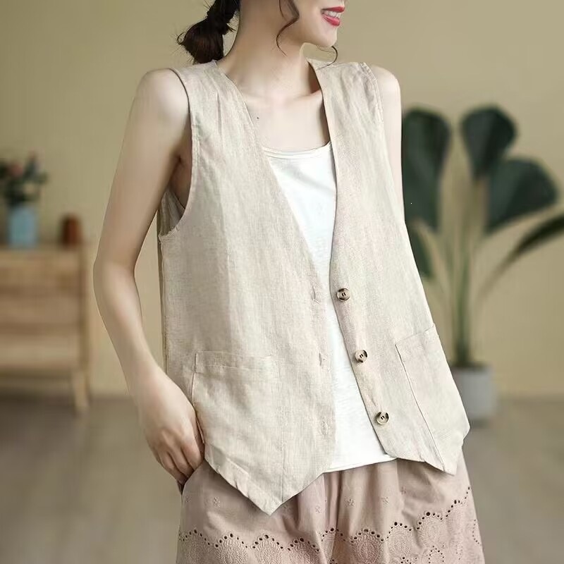 Nuevo estilo de verano delgado y casual, chaleco suelto sin mangas, chaleco de algodón y lino, chaleco de chaleco image 6