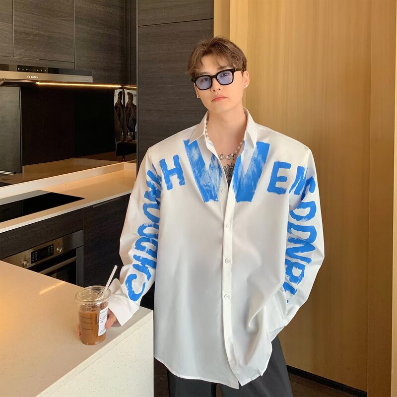 2025 Letter Long-Sleeve Shirt Japanese Hong Kong Style Ins Loose Shirt Men's Summer Trendy Versatile Casual Jacket