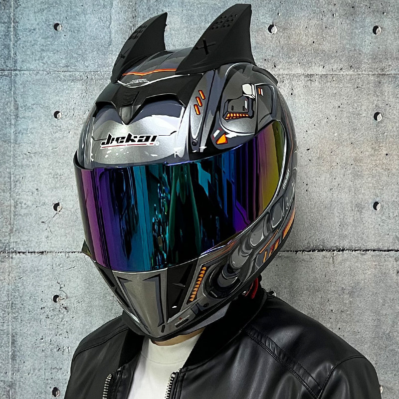 JIEKAI coche eléctrico bicicleta casco hombres y mujeres casco completo cuatro estaciones doble espejo bluetooth personalidad casco gris mentira carrera