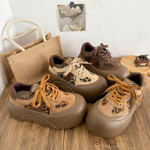 A350 Latex Insole/Thick Sole Heightening Sneakers Women's Shoes Leopard Print 2025 New Round Toe Chic Hong Kong Style Bread Shoes