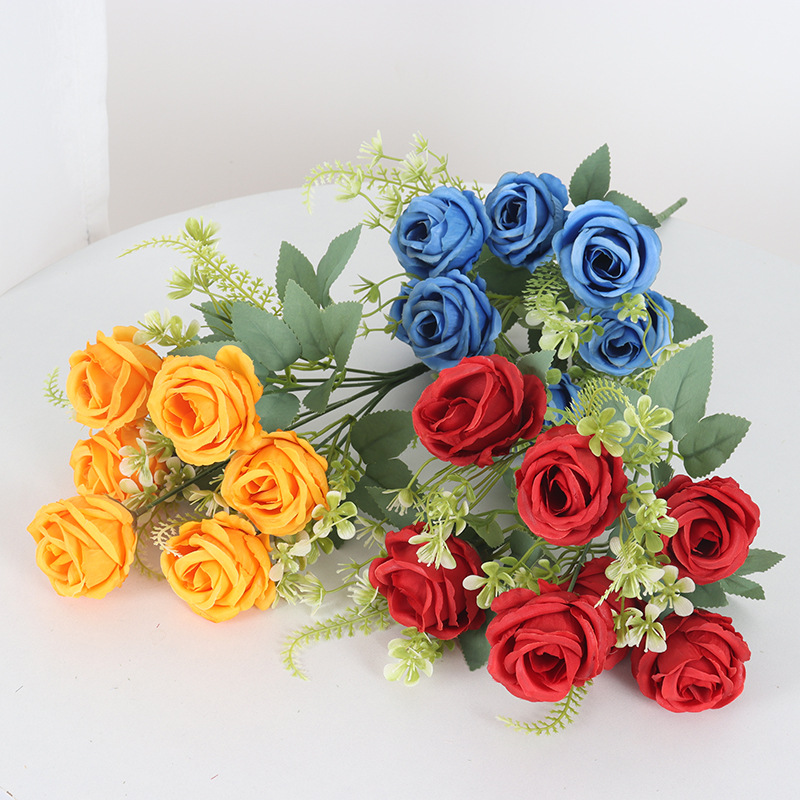 European 7-Head Sweet Heart Rose Artificial Flower Small Bunch Bouquet Home Hotel Outdoor Decoration Fake Flower Box Flower Arrangement Wholesale