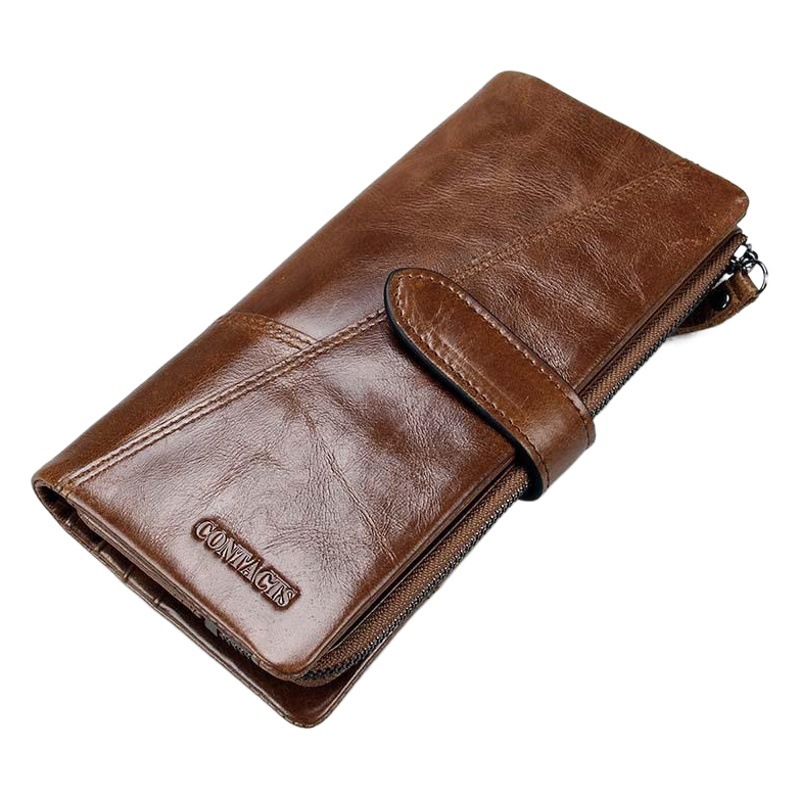 Black Angel casual fashion stitching long cowhide men's wallet buckle tri-fold clutch in stock generation hair