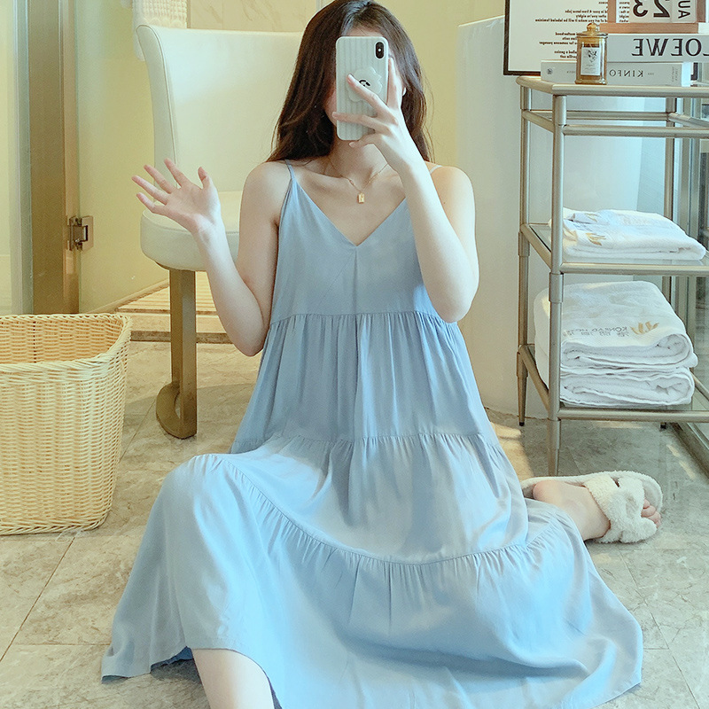 Correa de verano camisón de las mujeres sexy delgada pijamas de seda de algodón artificial desgaste del hogar coreano dulce niña vestido de seda de algodón