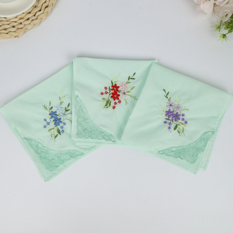 新款彩色花边刺绣女士手帕日式绣花60s精梳纯棉正方形28CM方巾|undefined