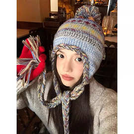 费尔岛风针织毛线帽女秋冬2024新款毛球撞色提花保暖护耳套头帽子