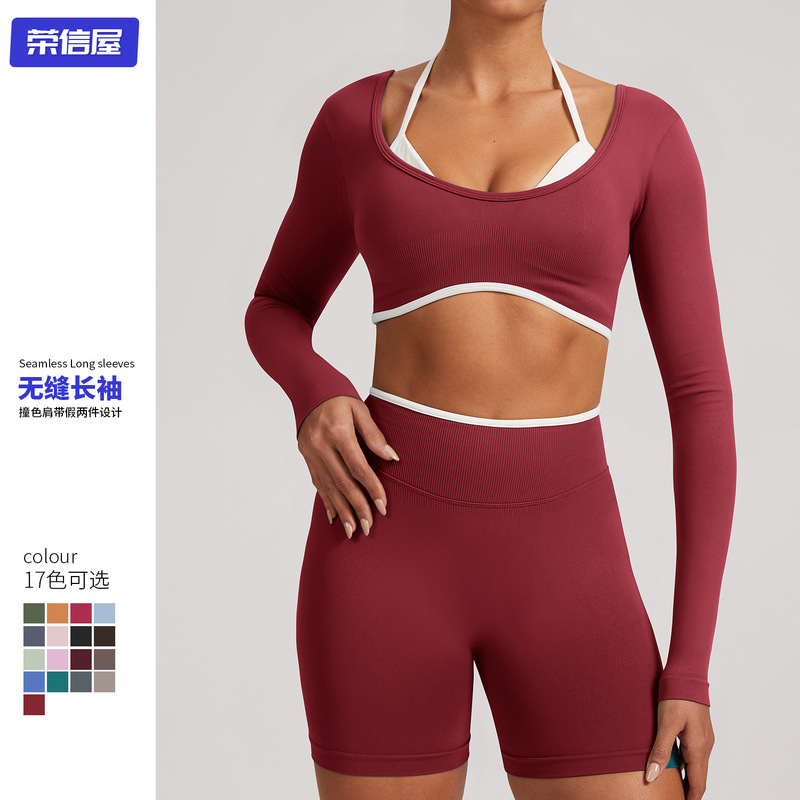 Cross-Border European and American Seamless Tight-Fitting Long-Sleeved Yoga Wear, Running and Fitness Sportswear, Contrasting Color Fake Two-Piece Yoga Wear Tops