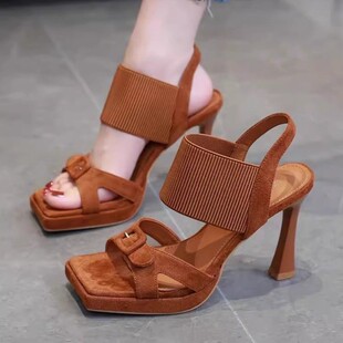 Summer Women's High-Heeled Sandals Korean Fashion European and American Style Single Strap Hollow Roman Open-Toe Evening Breeze Mom Sandals