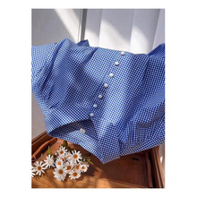 小众排扣格子衬衫女春夏季新款百搭法式棉麻开衫衬衣上衣格纹衬衫