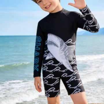 2025 New Boys' Long-sleeved Sunscreen Swimming Suit Small, Medium and Large Kids Baby Surf Suit Cartoon Children's Swimwear