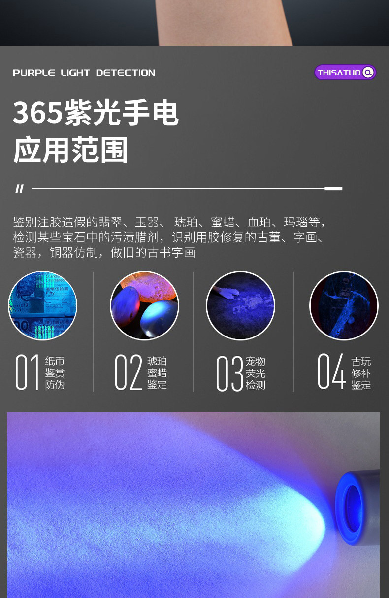 Ultraviolet Flashlight for Identification Using 65Nm Light to Detect Jade, Emerald, Tobacco, Alcohol, and Counterfeit Money, Wood-Style Uv Flashlight