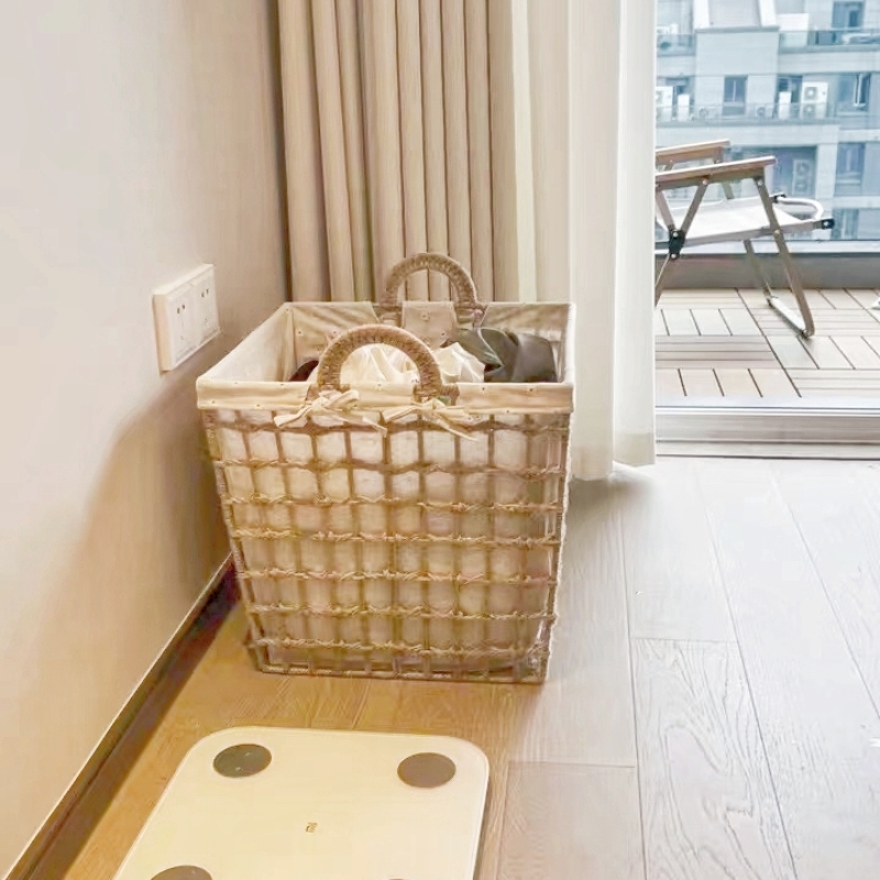 Japanese-Style Dirty Clothes Basket, Straw and Rattan Woven Household Dirty Clothes Basket, Bedroom High-Looking Dirty Clothes Basket, Laundry Basket