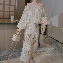 现货春夏绣花米白色显瘦高腰亮片半身裙亚麻法式优雅开叉包臀裙