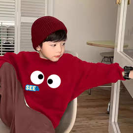 男女童卡通趣味印花新年红色拜年服中大儿童加绒圆领打底衫卫衣潮