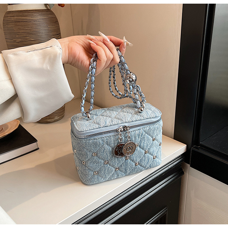 Xiaoxiang Style Diamond Box bolso pequeño cuadrado de mujer nueva textura de alta calidad de cadena de denim bolso de hombro