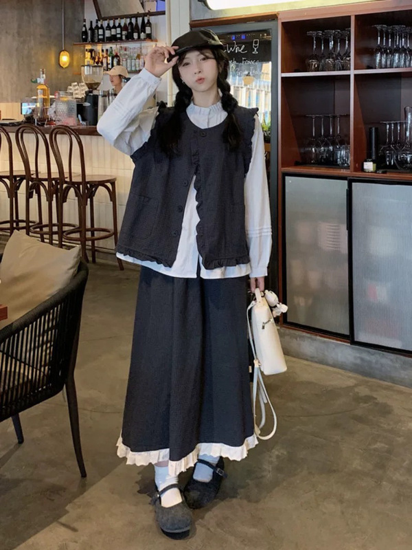 学院风森系复古文艺格子马甲背心外套高腰半身裙衬衣三件套装女秋|undefined
