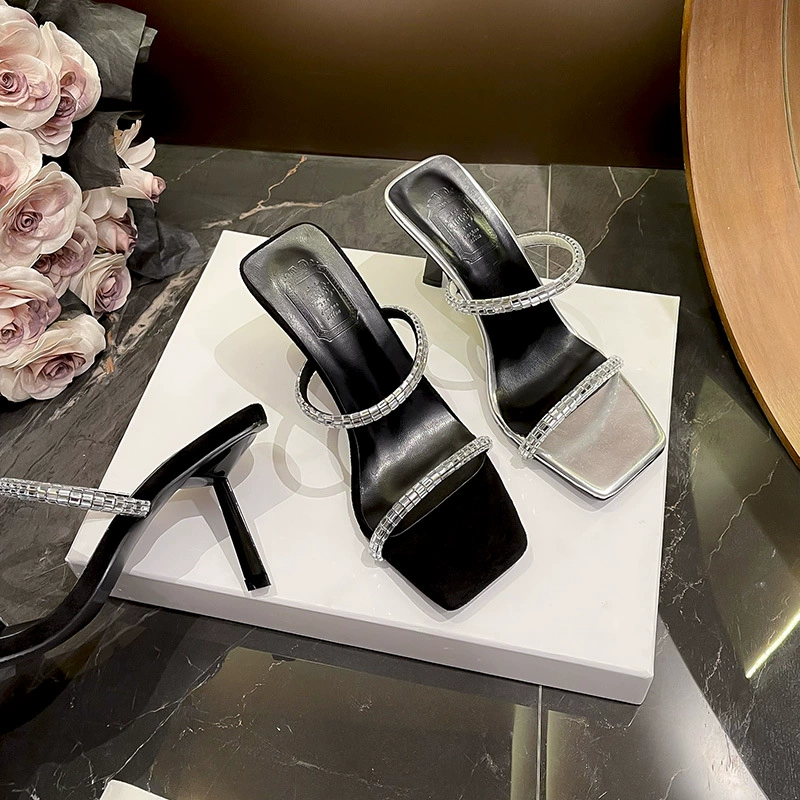 Женские босоножки на высоком каблуке-шпильке с камнями, черные, летняя новинка 2025 года, европейский и американский стиль, элегантные женские туфли на высоком каблуке