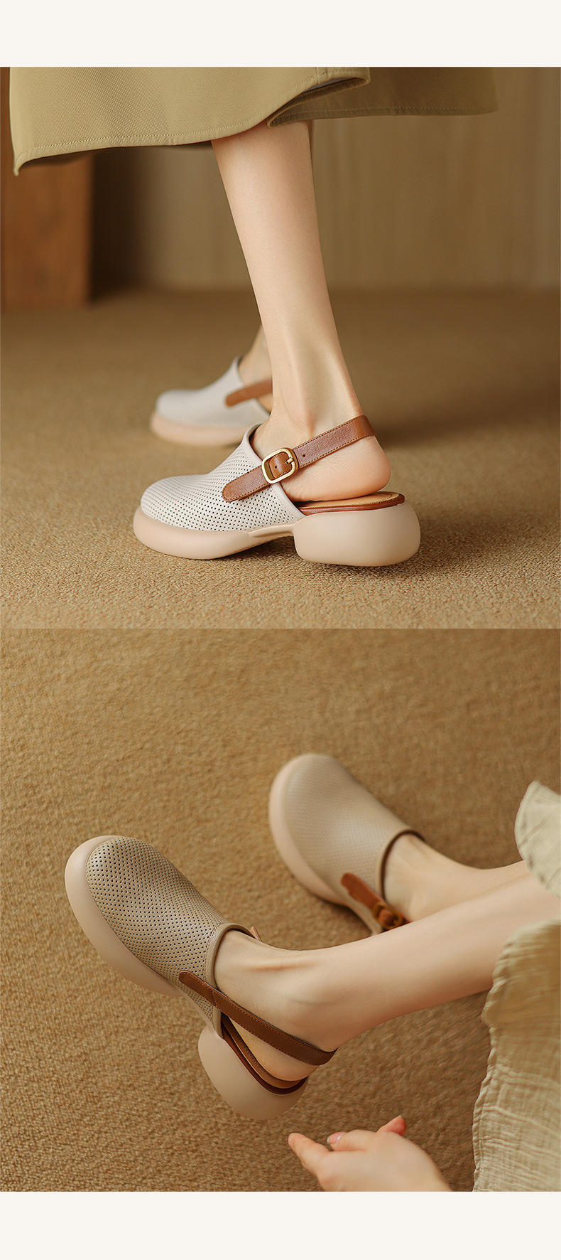 Sandal nữ đế dày mũi kín quai chữ V buộc dây phong cách thể thao — màu trắng ngà chi tiết 12