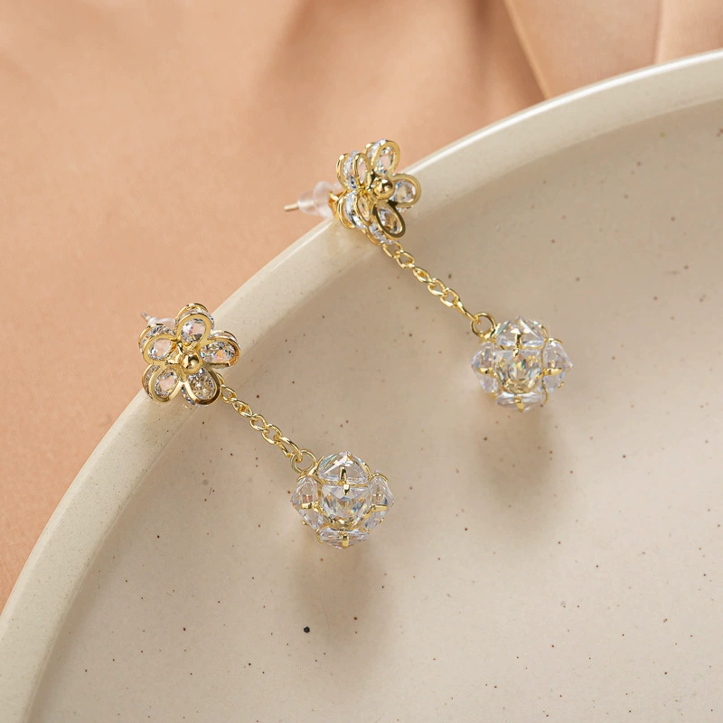 Серебряная игла, металл zirconium, серьги, двойная носка, цветочные узоры, стиль высокого качества, простой и элегантный дизайн