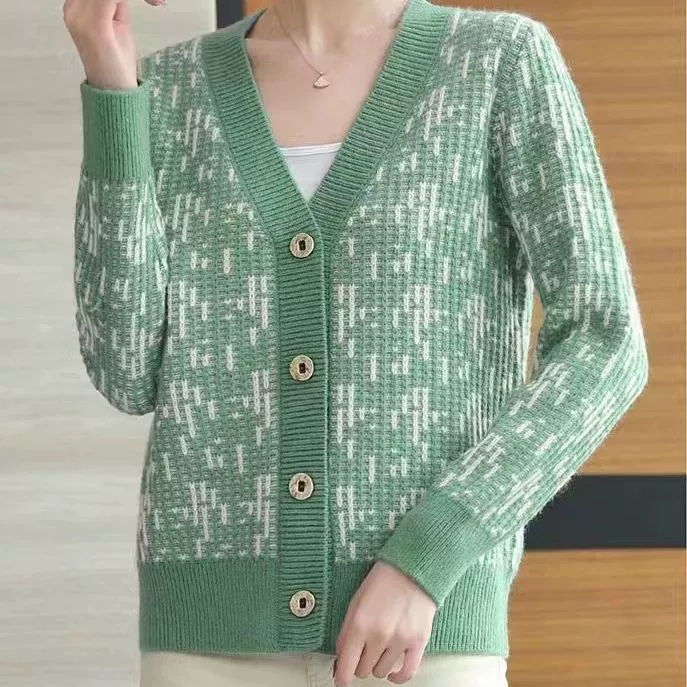 Осенне-зимнее вязаное пальто с V-образным вырезом, Женский Модный облегающий Новый контрастный цветной плед, свободный толстый кардиган с принтом, модный