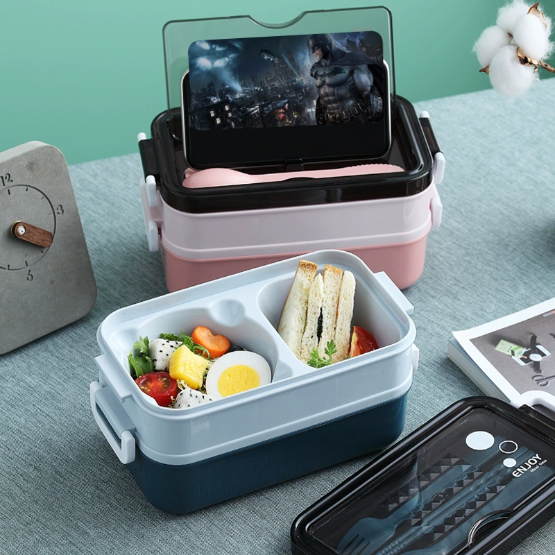 Double-Layer Lunch Box, Stainless Steel + PP, 1050 ml, Compact Bento Set