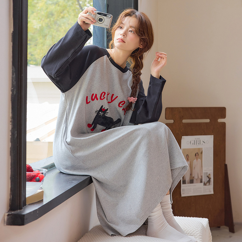 睡裙女春秋季拉架纯棉长袖带胸垫2025年新款甜美可爱中长款家居服|undefined